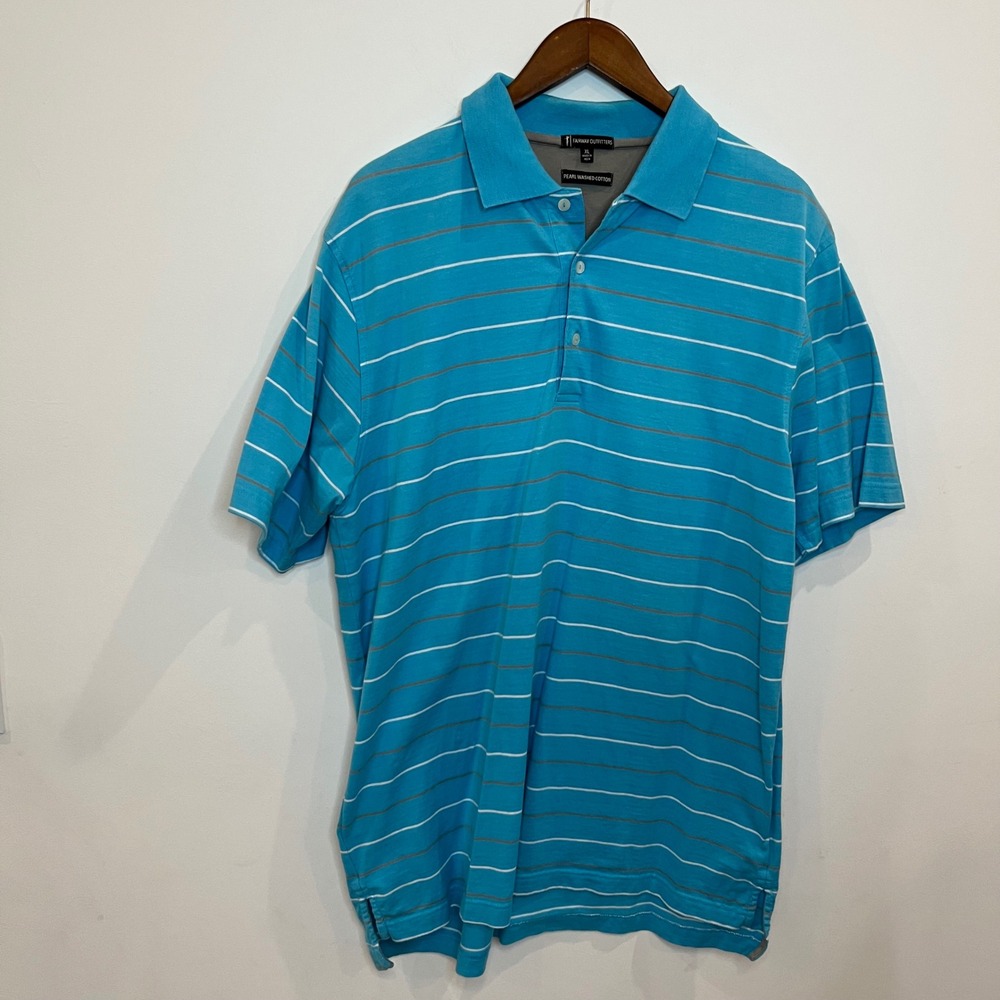 Fairway Outfitters Mens XL Blue Striped Pearl Washed Cotton Short Sleeve Polo
